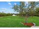 Expansive backyard with lush green lawn, mature trees, and a charming outbuilding at 20307 74Th E Ave, Bradenton, FL 34202