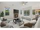 Cozy living room with a fireplace, large windows overlooking the pool, and comfortable seating at 7602 Partridge Street Cir, Bradenton, FL 34202