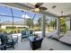 Relax on this screened lanai with comfortable seating and serene views of the surrounding landscape at 11707 Gramercy Park Ave, Bradenton, FL 34211