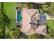 Aerial perspective showcases a home with a screened pool, lush landscaping, and a well-manicured lawn at 1217 92Nd Nw St, Bradenton, FL 34209