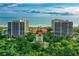 Beautiful aerial view of the luxury beachfront condo buildings surrounded by lush greenery at 1281 Gulf Of Mexico Dr # 906, Longboat Key, FL 34228