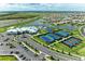 Aerial view of a community with a pool, clubhouse, tennis courts, basketball court and a lake surrounding the area at 15503 Sunny Day Dr, Bradenton, FL 34211