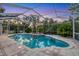 Gorgeous backyard oasis with a sparkling pool, spa, and lush landscaping under a screened enclosure at 3905 Trentwood Pl, Sarasota, FL 34243