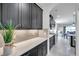 Modern kitchen featuring sleek black cabinets, quartz countertops, and stainless steel appliances at 17616 Bright Wheat Dr, Lithia, FL 33547