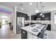 Bright kitchen with black cabinets, stainless steel appliances, island seating and an open floorplan at 17616 Bright Wheat Dr, Lithia, FL 33547