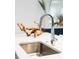 Close-up of a stainless steel kitchen sink with modern faucet, set on a white countertop at 256 Van Gogh Cv, Bradenton, FL 34212