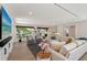 Bright, spacious living room featuring a large picture window, modern lighting and hardwood floors at 2833 Bay Shore Cir, Sarasota, FL 34234