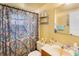 Modest bathroom features a shower with a camouflage curtain, functional fixtures and a mirrored vanity at 409 Olive Ave, Nokomis, FL 34275