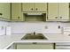 This kitchen includes a stainless steel sink, green cabinets, and white countertop at 7461 W Country Club Dr N # 408, Sarasota, FL 34243