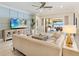 Bright living room features a large sofa and a TV mounted on a blue accent wall at 7864 Grande Shores Dr, Sarasota, FL 34240