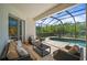 Relaxing screened-in patio with comfortable seating, perfect for enjoying the outdoors while overlooking the pool and lush landscaping at 358 River Enclave Ct, Bradenton, FL 34212