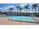 Outdoor community pool with palm trees and comfortable seating providing a tranquil retreat under a blue sky at 4131 Salernes Ave # 3051, Sarasota, FL 34233