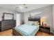 Cozy bedroom with light blue bedding, wood furniture, and a ceiling fan for added comfort at 4243 Maceachen Blvd, Sarasota, FL 34233