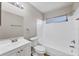 Clean bathroom featuring single sink vanity, tub and shower combo and tile flooring at 5642 29Th Street E Cir, Bradenton, FL 34203