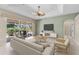 Open living area with fan, furniture and sliding glass doors to the backyard and pool at 6532 Copper Ridge Trl, Bradenton, FL 34201