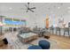 Open concept living room and kitchen with gray couch and modern décor at 8107 Slipway Dr, Sarasota, FL 34240