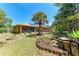 Expansive backyard with a screened-in patio, lush garden, and inviting fire pit area for relaxation at 1631 Madison Ave, North Port, FL 34286