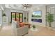 Bright living room featuring tray ceilings, fireplace, TV, and sliding glass doors to the outdoors at 4668 Tuscana Dr, Sarasota, FL 34241