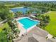 Aerial view of a community pool and a large lake surrounded by lush greenery and palm trees on a sunny day at 5919 100Th E Ave, Parrish, FL 34219