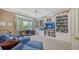Spacious office space features a bay window, custom built-in shelving, a ceiling fan, and cozy seating at 228 Saint James Park, Osprey, FL 34229