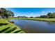 Scenic view of the pond surrounded by lush green grass, mature trees, and blue sky at 228 Saint James Park, Osprey, FL 34229