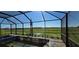 View of the screened lanai with a pool, patio, and a backdrop of green fields at 3531 Night Star Ter, Parrish, FL 34219