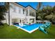 Spacious backyard featuring a sparkling pool, turquoise chairs, and manicured artificial turf at 408 Magnolia Ave, Anna Maria, FL 34216