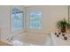 Close up of bathtub with marble trim, jets, and decor with frosted windows letting in light at 4326 Brackenwood Ct, Sarasota, FL 34232
