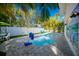 Backyard pool area with playful basketball hoop, bordered by a lush green lawn and tropical plants at 811 Jacaranda Rd, Anna Maria, FL 34216