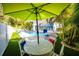 Backyard relaxation with outdoor dining, lush greenery, an inviting pool and vibrant decor at 811 Jacaranda Rd, Anna Maria, FL 34216