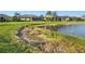Picturesque view of a pond behind the house with well-maintained lawn and mature landscaping at 13644 Brilliante Dr, Venice, FL 34293