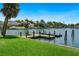 Scenic waterfront view with a private dock and lush green lawn at 1542 Gulfview Dr, Sarasota, FL 34236