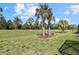 Green backyard with manicured lawn and beautiful landscaping and palm trees at 17640 Northwood Pl, Bradenton, FL 34202