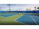 Outdoor pickleball courts with blue and green surface, surrounded by blue fencing and palm trees in a Del Webb community at 17640 Northwood Pl, Bradenton, FL 34202