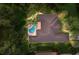Aerial view of house featuring a private backyard pool and patio surrounded by trees and landscaping at 2309 Chardonnay Ter, Parrish, FL 34219