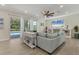 Light-filled living room with sliding glass doors to pool and backyard and contemporary decor at 7538 Camden Harbour Dr, Bradenton, FL 34212
