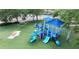 Outdoor blue playground featuring slides, climbing structures, and shade canopies on a green turf surface at 2005 47Th Street W Ct, Bradenton, FL 34209