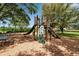 Community playground with climbing wall, slide, picnic tables and wood chip ground covering surrounded by mature trees at 3738 Eagle Hammock Dr, Sarasota, FL 34240