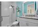Light-filled bathroom featuring granite counters, glass shower and tile floors at 14514 20Th E St, Parrish, FL 34219