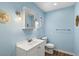 Bathroom features blue walls, vanity, and toilet with hardwood floors at 1518 Stoeber Ave, Sarasota, FL 34232