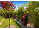 Backyard with tropical landscaping, including plants, trees, mulch and flowering plants at 1842 Kenilworth St, Sarasota, FL 34231