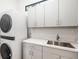 Modern laundry room with white cabinets, stainless steel sink, and stacked washer/dryer for convenience at 1842 Kenilworth St, Sarasota, FL 34231