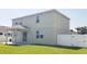Back exterior of home with white fence and covered patio perfect for entertaining at 215 63Rd E Dr, Bradenton, FL 34203