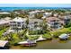 Aerial view of the luxurious property featuring lush landscaping, a boat dock, and picturesque waterfront views at 7118 Hawks Harbor Cir, Bradenton, FL 34207