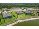 Aerial view of backyard homes with pools overlooking a lake, and surrounding green lawns at 14914 15Th E St, Parrish, FL 34219