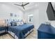 Charming bedroom featuring modern fixtures, wall decor, ceiling fan, and a light blue color scheme at 201 Bay N Dr, Bradenton Beach, FL 34217