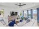 Cozy living room with white sofas, wood accents, and large windows offering a waterfront view at 201 Bay N Dr, Bradenton Beach, FL 34217