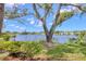 Scenic lake view featuring a mature tree, lush landscaping, and tranquil waters under a partly cloudy sky at 308 Timber Lake Dr, Bradenton, FL 34210