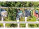 Overhead aerial lot view of three neighboring properties, each with distinct features and backyard pools at 4415 Sylvania Ave, North Port, FL 34286
