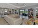 Inviting living room featuring leather sofa, a view of the pool area and open access to the kitchen at 5437 Manchini St, Sarasota, FL 34238